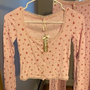 (Set) SOFT LOUNGE LACE LONG SLEEVE BUTTON UP SHIRT and SOFT LOUNGE LACE PANT